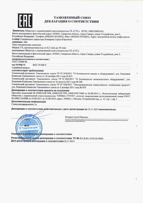 Cертификат тали электрические ТЭ